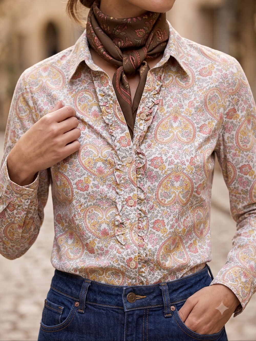 Joe Fresh Cotton Ruffle Button Down Blouse Boho Cottagecore Paisley Floral Top